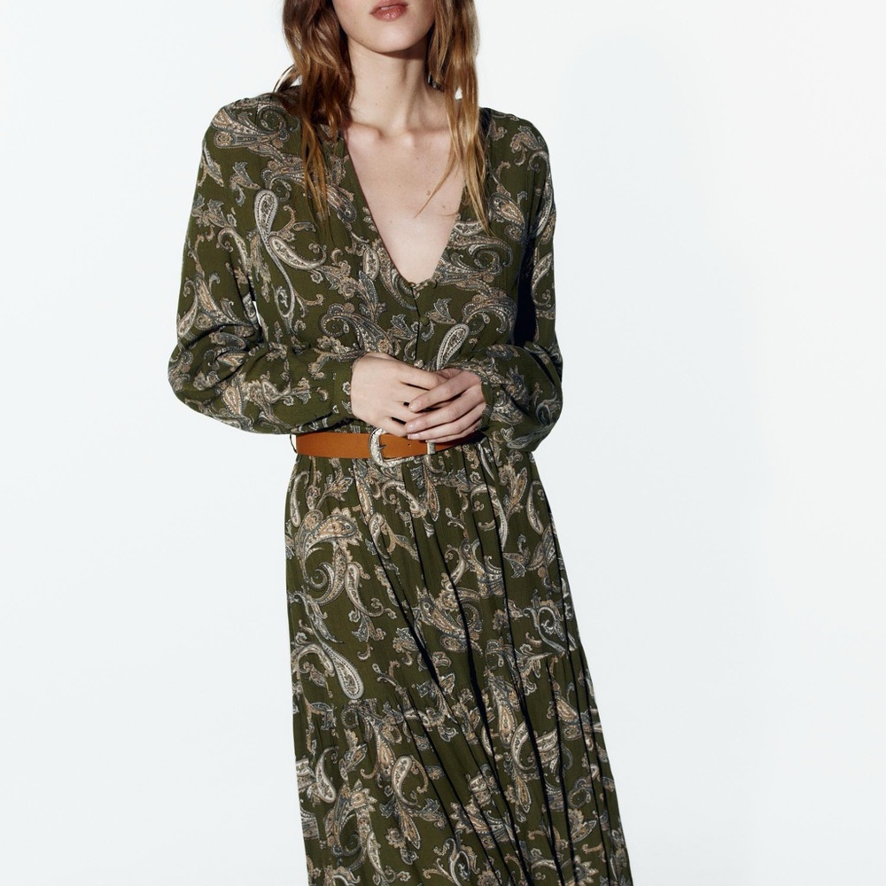 Zara Olive Paisley Long Sleeve Dress